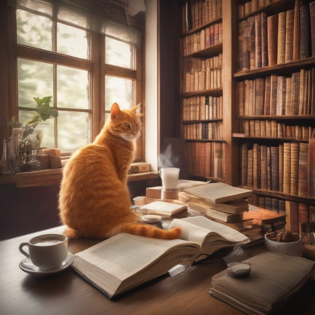 Cat with books and coffee